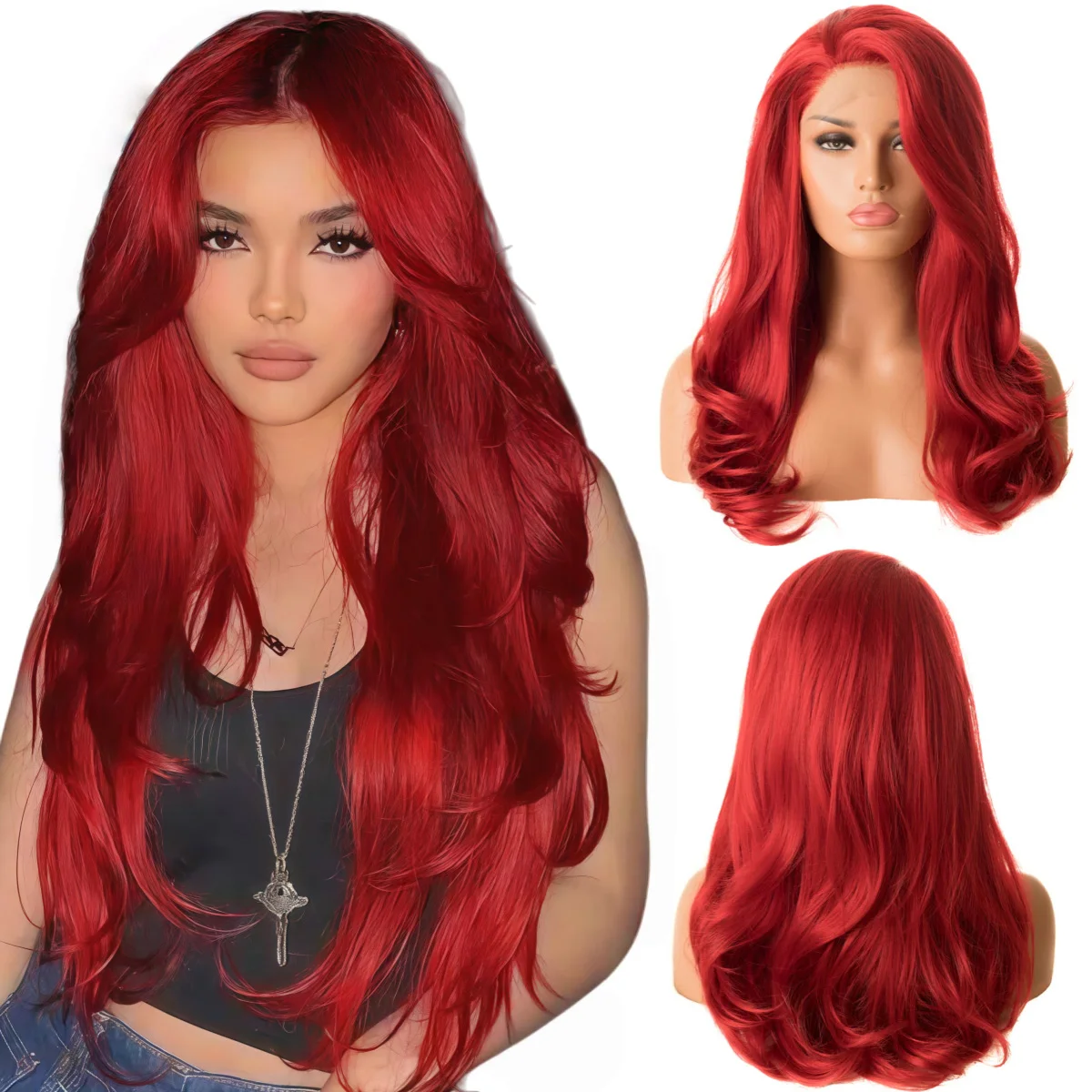 

Long Red Curly Wavy Layered Synthetic 13X4 Lace Front Wigs for Women Side Part Natural Body Wave Burgundy Colored Party Cosplay