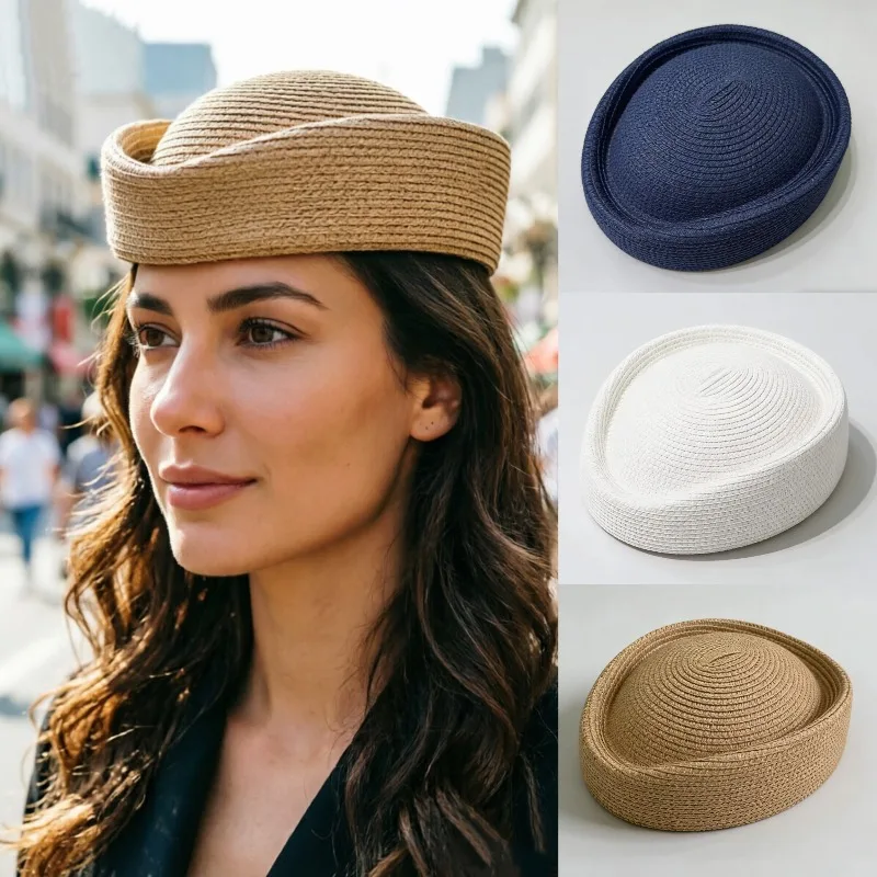 Neuer Sommer-Strohhut im Pillbox-Stil für Damen, Modische Designer-Barett-Hüte für Flugbegleiterinnen, Strandhüte für Mädchen, Malerhüte