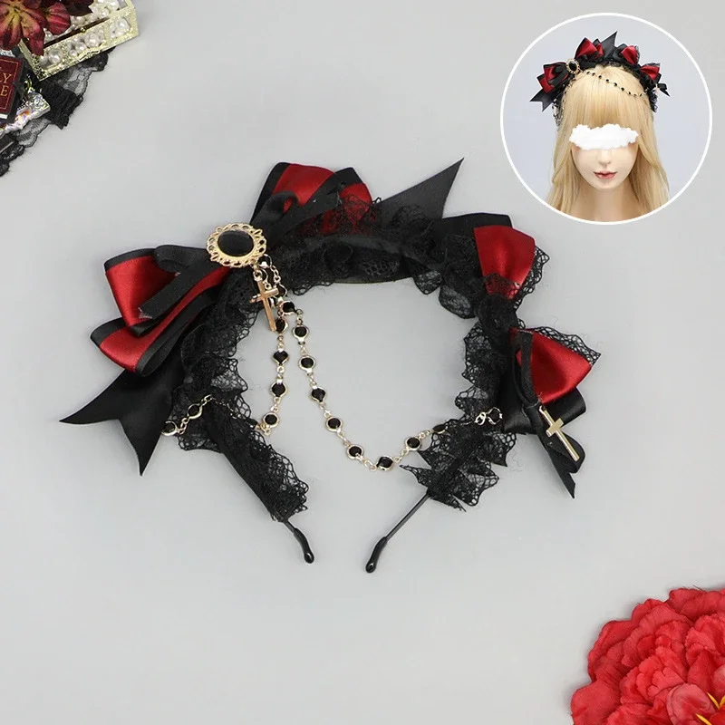 Original handmade lolita Headwears gorgeous bow black burgundy headband pair edge clip neck ring bracelet