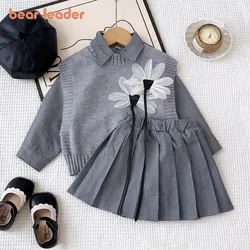 Bear Leader Grey Girls Suit Spring Autumn Solid Color Shirt + 3D Flower Knitted Vest+Pleated Skirt Outfits Kids Three Piece Sets