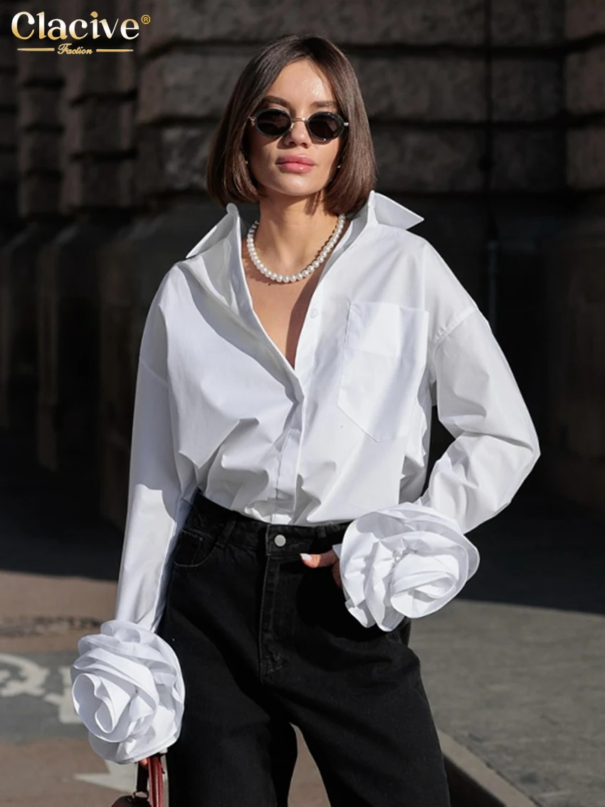 Clacive Fashion luźna biała bawełniana koszula damska 2025 Casual koszule z klapami i długim rękawem elegancki klasyczny jednolity top odzież damska