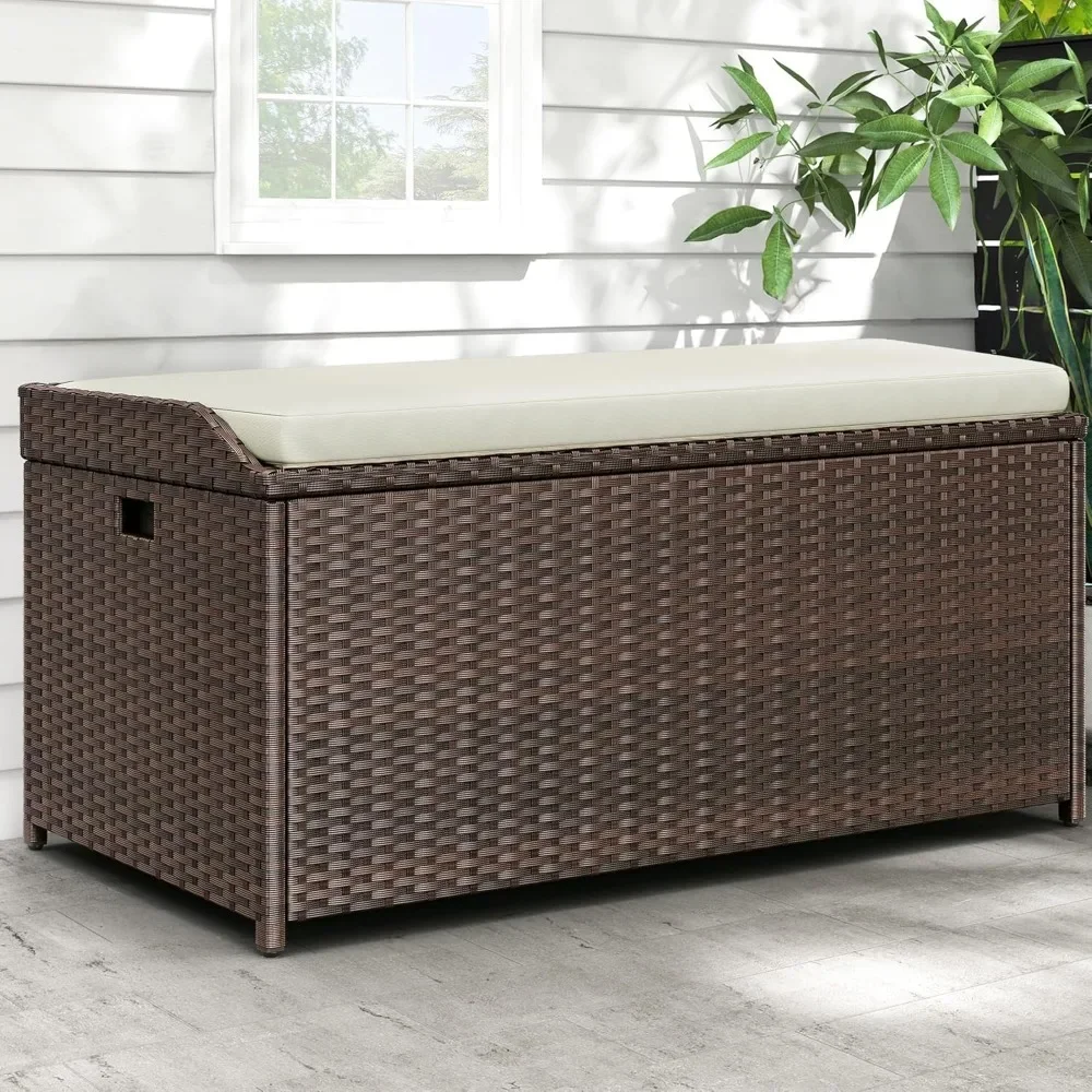 

Outdoor Storage Bench, 70 Gallon PE Rattan Patio Storage Bench w/Handles and Soft Cushion,Outdoor Storage Box for Patio, Yard