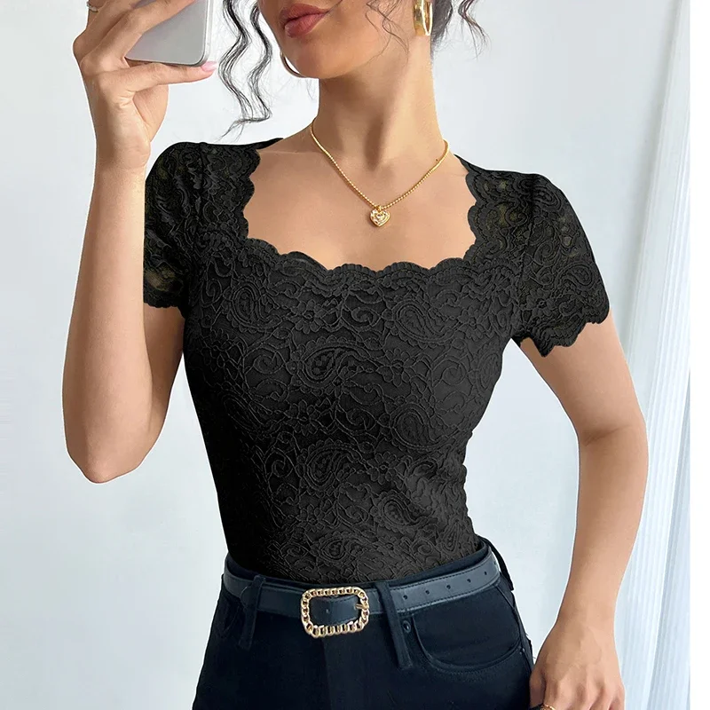 Summer Women T-Shirts Sexy Solid Lace T-Shirts Women Elegant Short Sleeve Solid Tee Tops Lady Y2k Tops Female Shirt Green Black