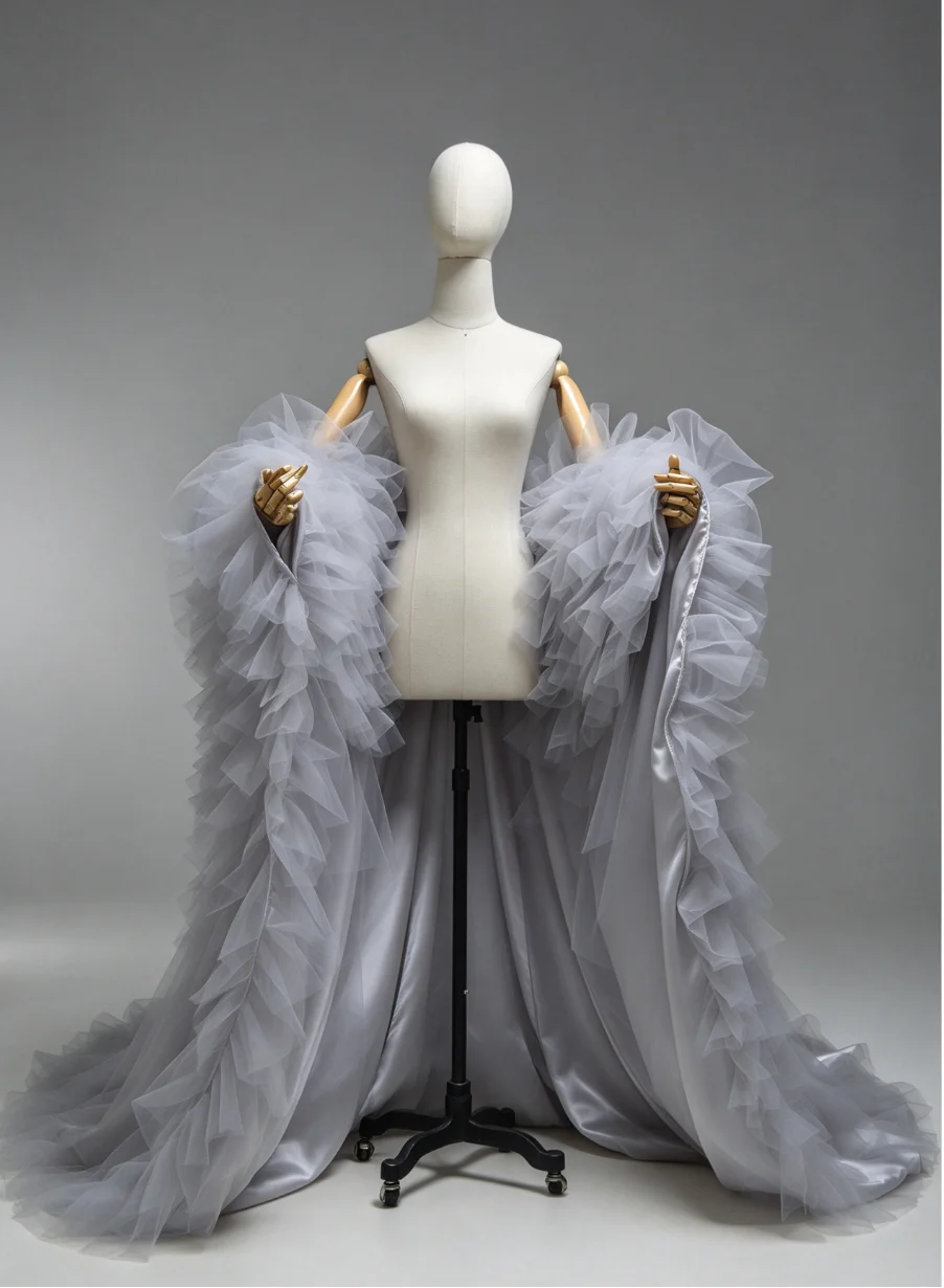 Grey Layered Ruffled Tulle Bridal Cape Puffy Fluffy Long Sleeves Wedding Cloak for Bride Photoshoot