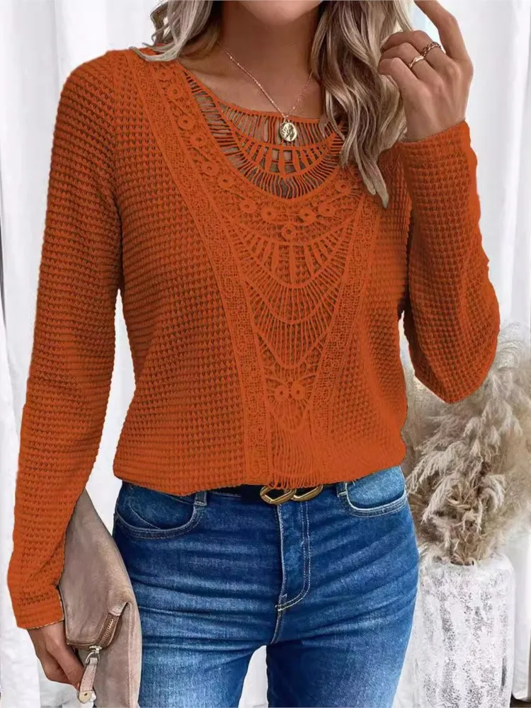 Autumn Winter New Knitted Long Sleeved Women\'s T-shirt Casual Loose Mesh Stitching Fashion Solid ColorFemale Office Knitted Top