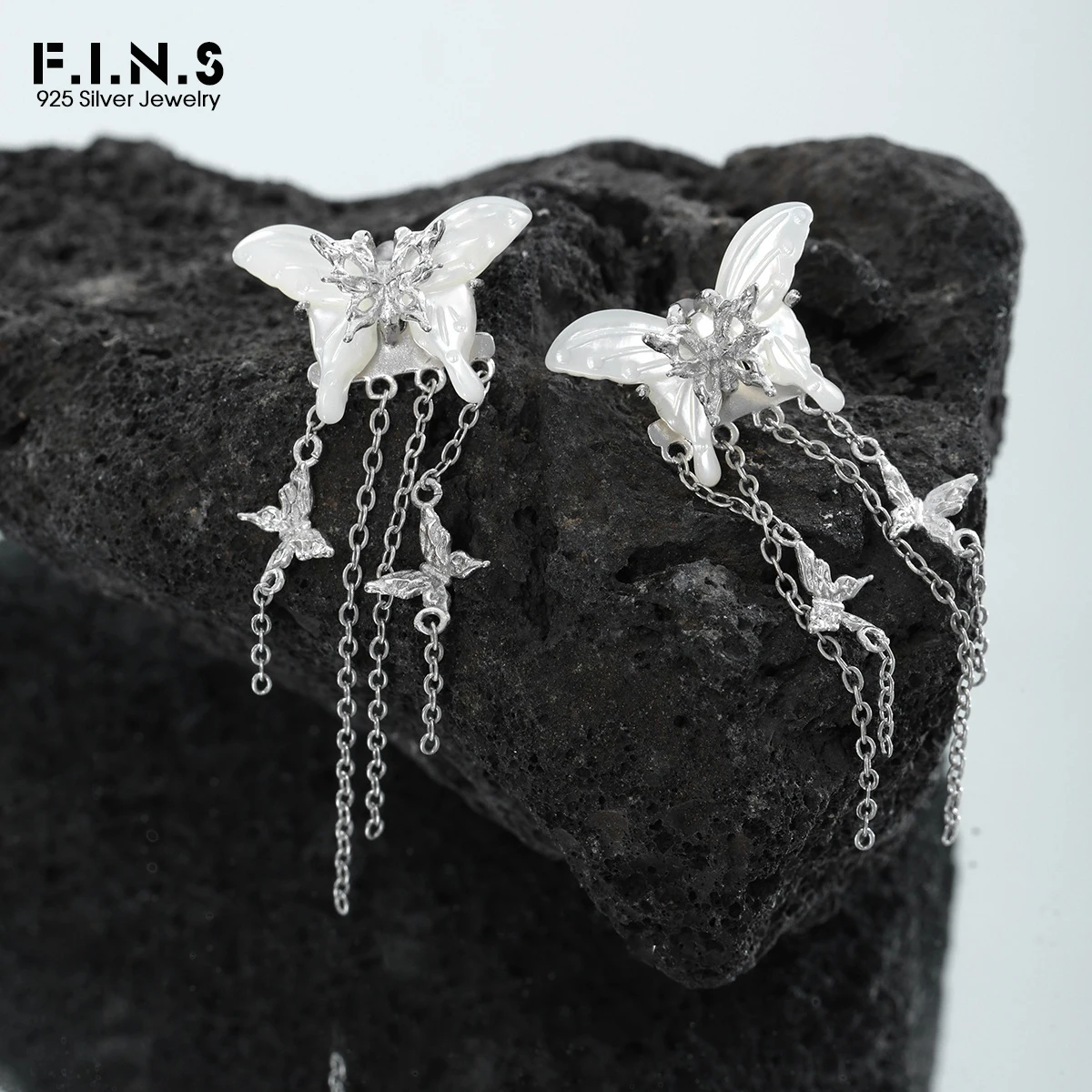 

F.I.N.S Original S925 Sterling Silver Butterfly Tassel Chain Stud Earrings Shell Animal Piercing Detachable Ear Fine Jewelry