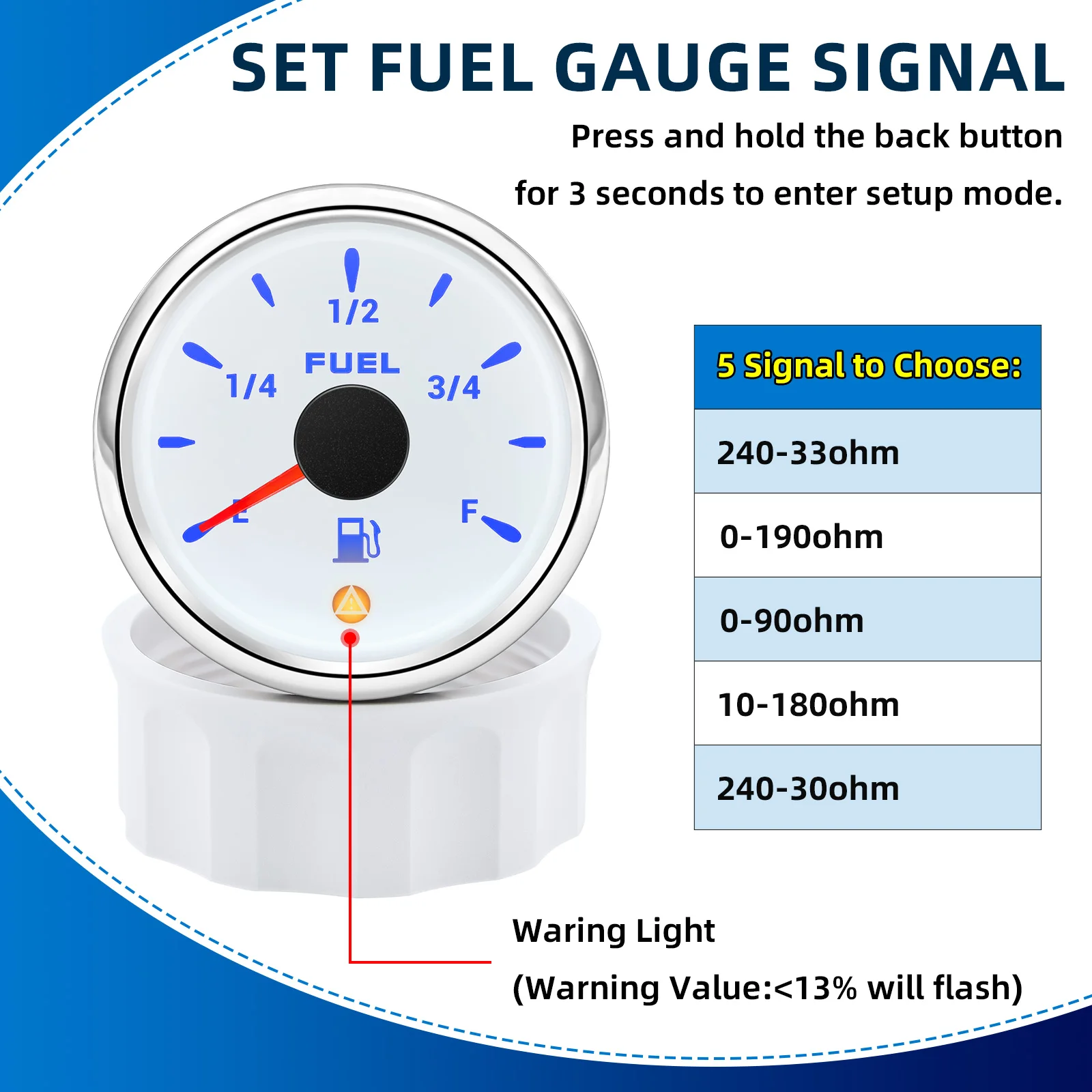 7 Color 52mm Fuel Level Gauge With 13% Flashing Alarm For 240~33ohm 0~90ohm 0~190ohm 240-30ohm Fuel Float Sensor Car Truck Boat