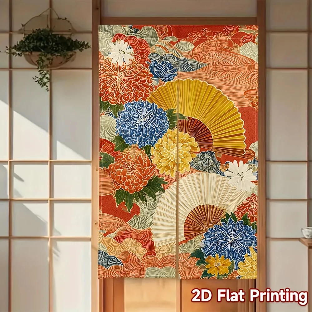 Noren Curtain – Orange Fan & Floral Design, Traditional Pattern, Semi-Translucent, Easy to Install, for Entryway or Kitchen