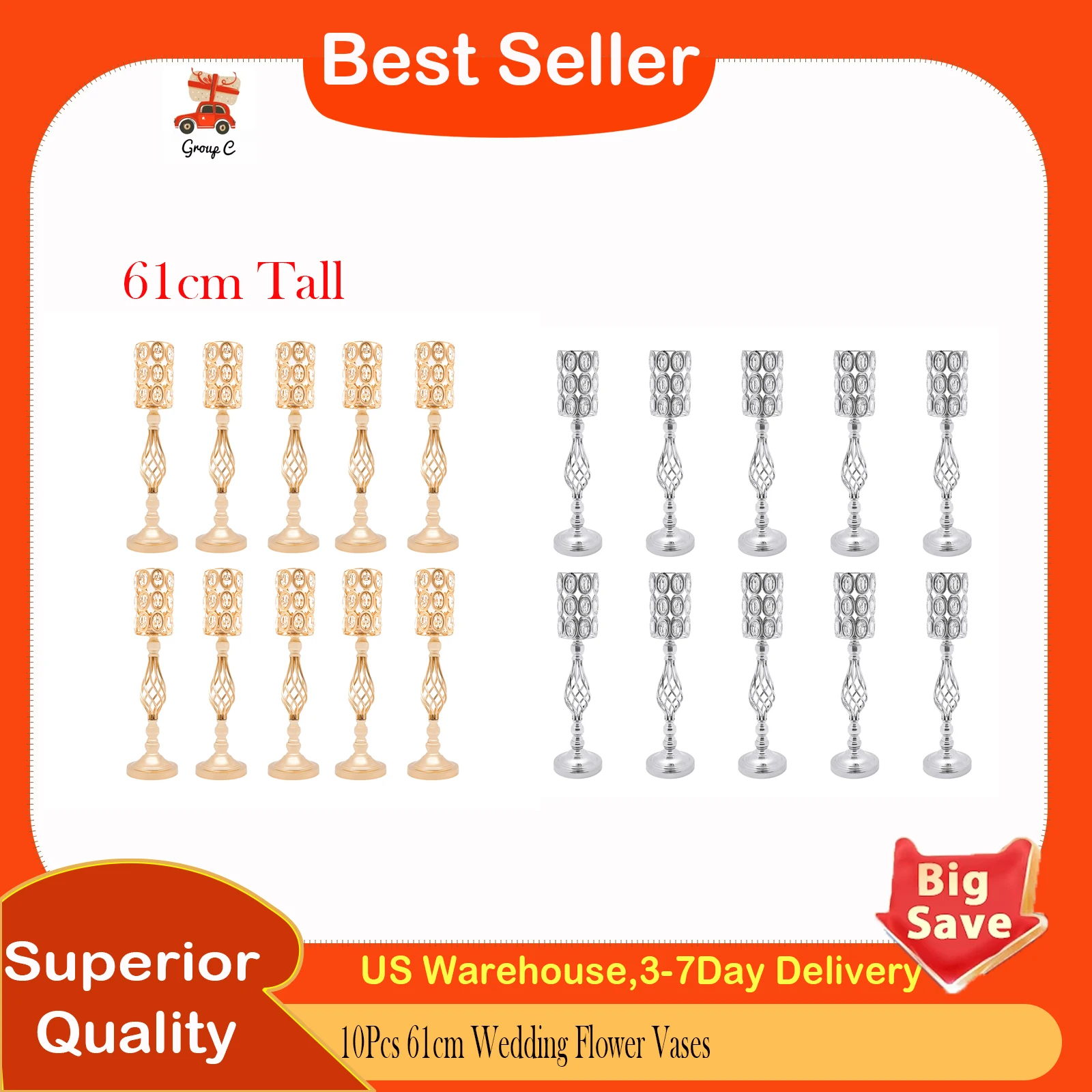 

10Pcs 61cm Wedding Flower Vases, Elegant Tabletop Centerpiece for Wedding Party Holiday Home Decoration (Gold/Sliver)
