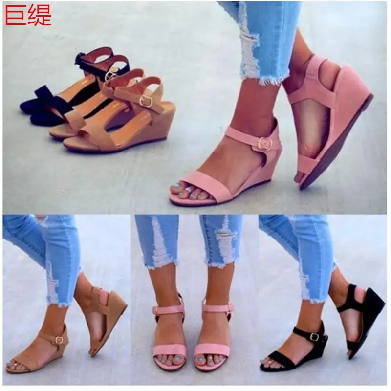 

Women's Summer Faion Sandals Thi Heel Independent Station Large Size Slip-On oes Leather Upaded Version Flat Rubber Sole