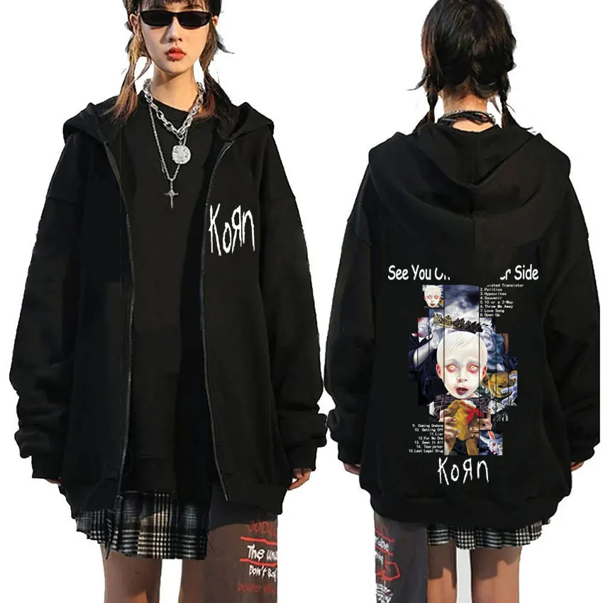 سترة روك باند كورن أراك على الجانب الآخر بغطاء للرأس بسحاب للرجال والنساء، سترة كلاسيكية كبيرة الحجم بسحاب للجنسين