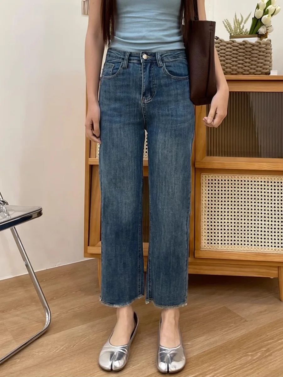 

Summer Thin Tassel Breadsti Jeans Women plus Size High Waist Slim Straight Blue Denim Nine Point ing Pants