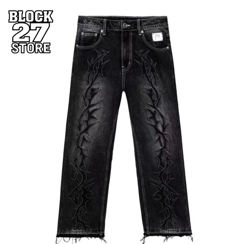 Mens Jeans Harajuku Vintage Streetwear Thorn Embroidery Denim Pants Straight Leg Loose Fit Casual Wide Trousers Retro Trend New