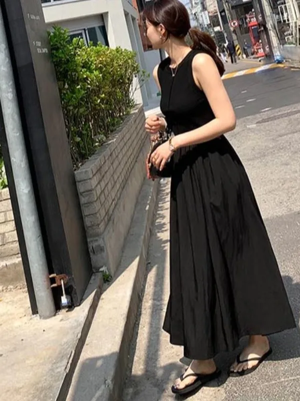 

Ele Summer Long Svel Dr Women's round Ne Splice Slimming Effect High-End Feel Chic Vest Dr