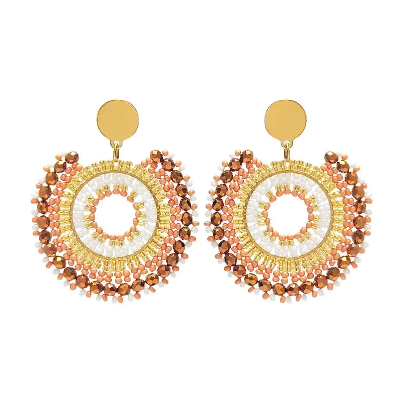 

Kaseakia Boho Bohemian Orange Round Beaded Dangle Earrings, Big Large Vintage Handmade Seed Bead Drop Earrings for Women