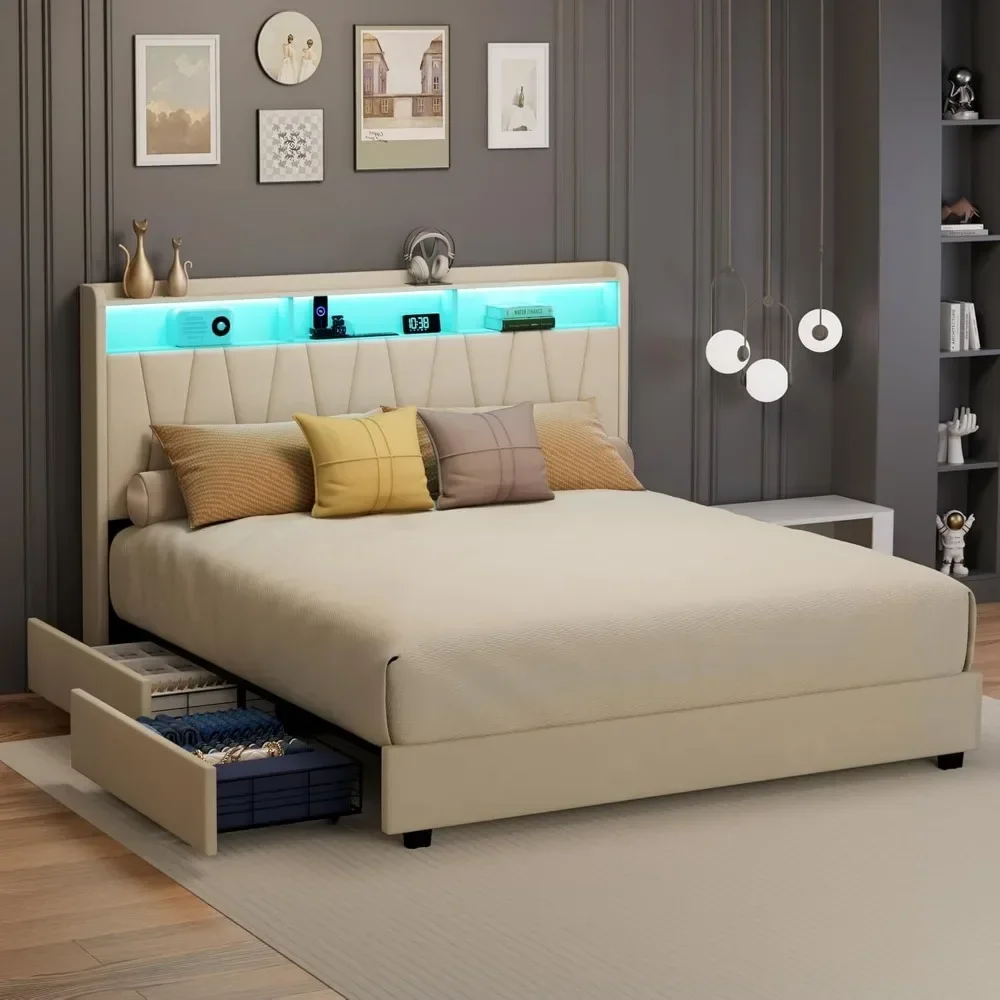 King Size Bed Frame, Velvet Upholstered LED Platform Bed with Headboard Storage, Bed Frame King Built-in Charging Station