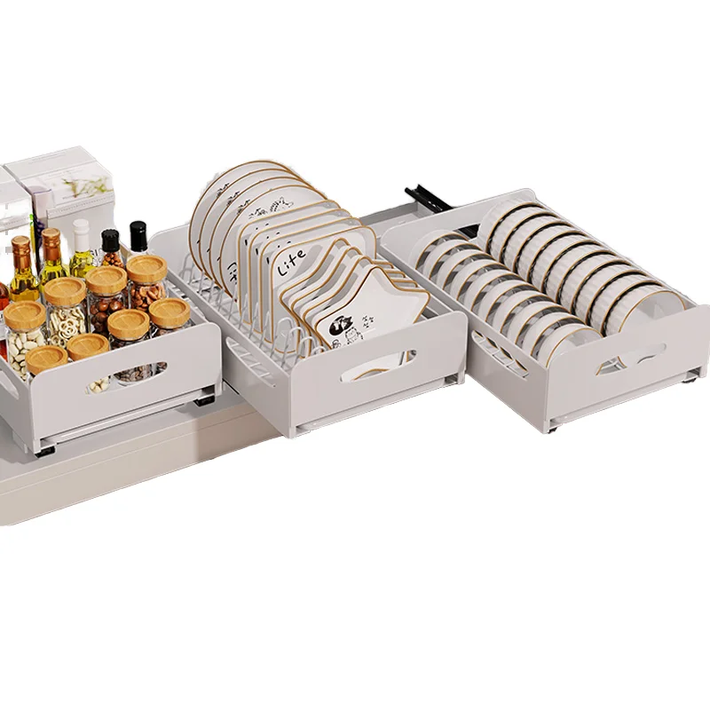 

Built-In Pull-Out Cup Holder Rack Kitchen Dish Cabinet Drawer Organizer With Metal Material Plate Draining Rack Bowls Baskets