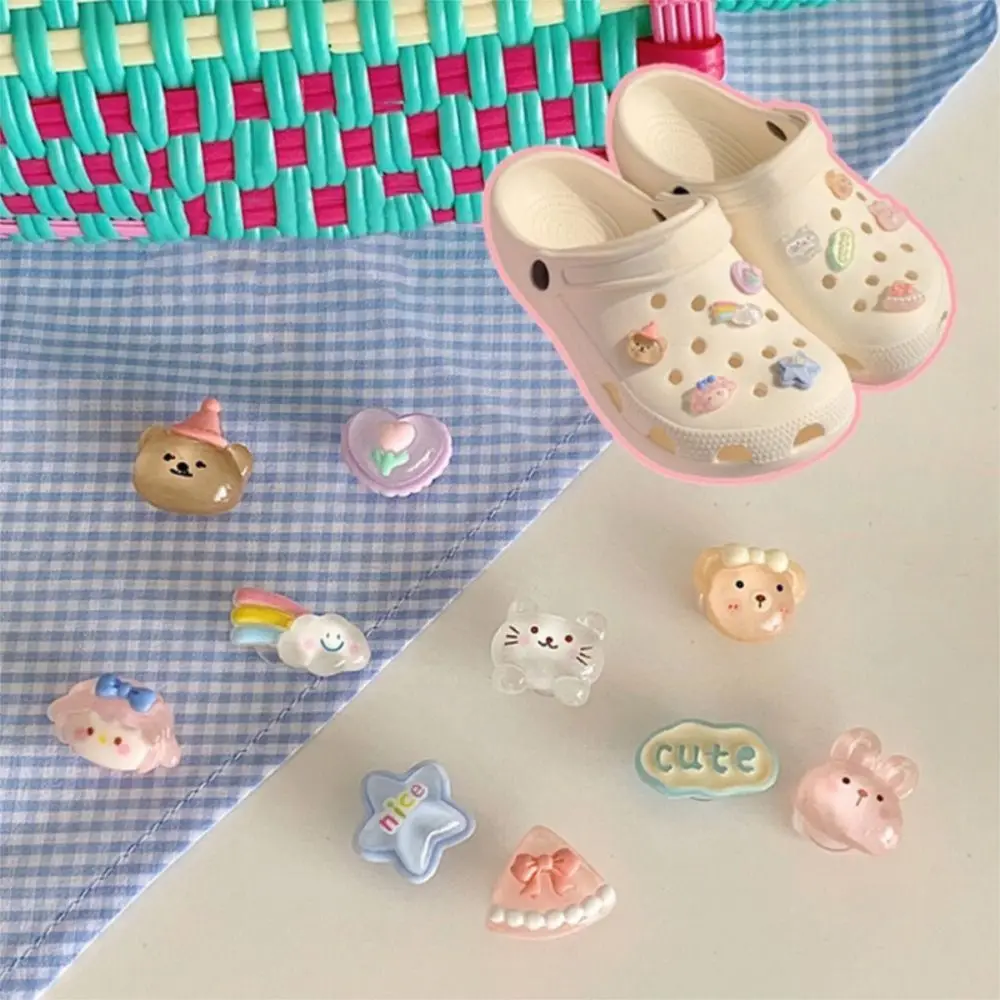 

10/18Pcs/Set Transparent Floral Shoe Buckles Cute Rainbow Bear Handmade Shoe Charms DIY Starfish Shells 3D Shoes Decorations