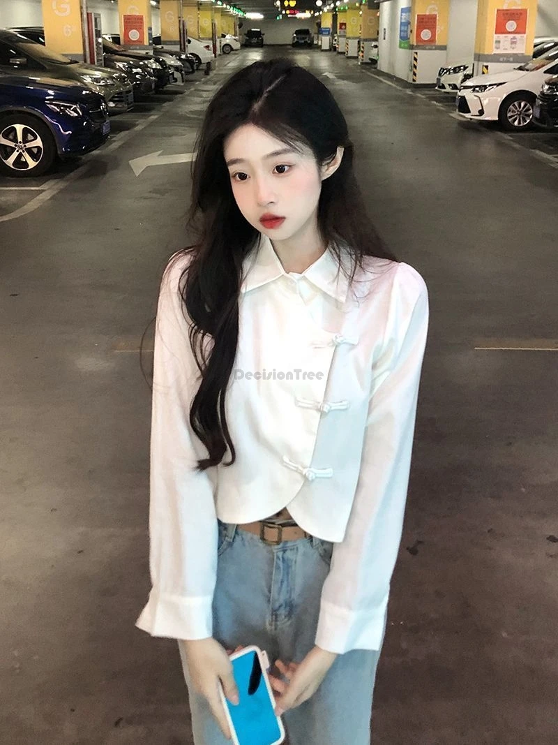 New chinese-style improved cheongsam Long Sleeve top summer women new irregular hem design Turn-down collar qipao top
