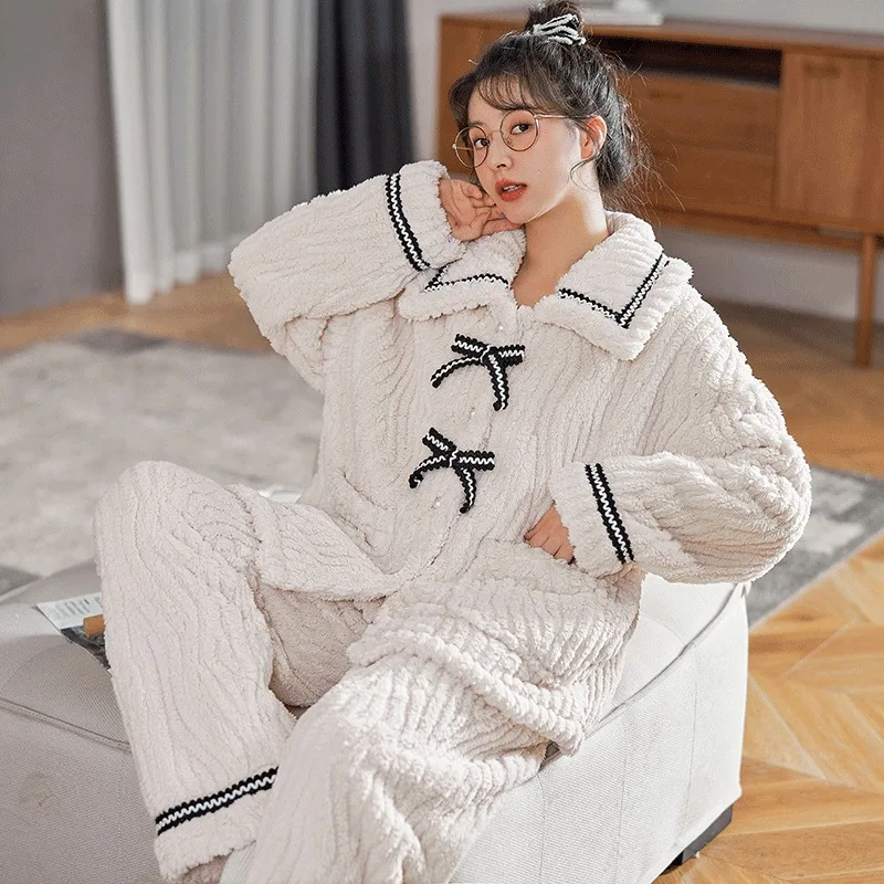 Long Sleeve Top&pants Thicken Flannel Homewear Warm Sleepwear Lady Autumn Winter New Loungewear Sexy Bow Button Down Pajamas Set