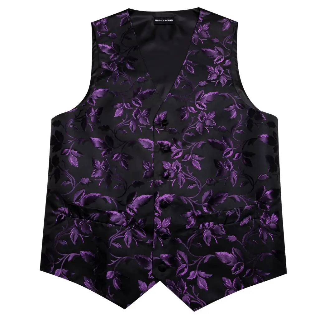 Elegant Silk Purple Black Vest for Men Flower Waistcoat Necktie Hanky Cufflinks Set Formal Business Male Suit Barry Wang