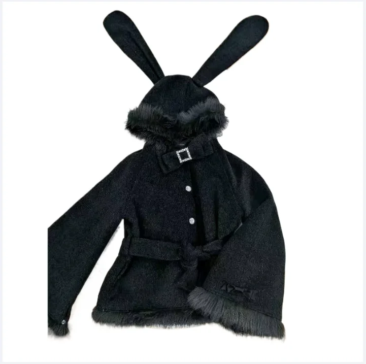 Sweet Lolita Rabbit Ear Hat Wool Coat Imitation Fur Trimmed Bow Rhinestone Buckle Short Coat Winter Daily Gothic Cospaly Clothes