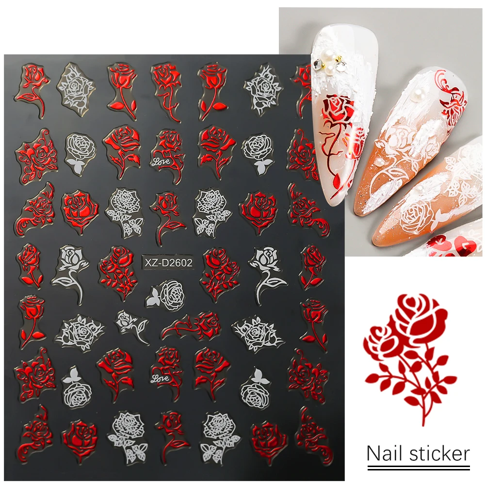 1pcs 3D Valentine's Series Nail Art Stickers Hot Red Lips Hearts Flowers Adhesive DIY Press on Nails Decals Gift For Girlfriends