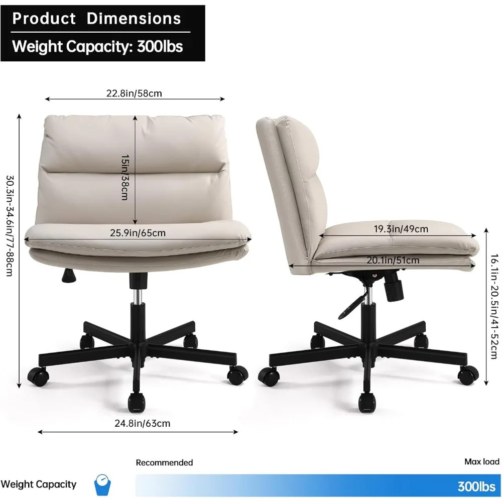 EMIAH Armless Office Desks Chair with Wheels PU-Padded Vanity Chair Mid-Back Ergonomic Home Office Computer Chair Comfortable