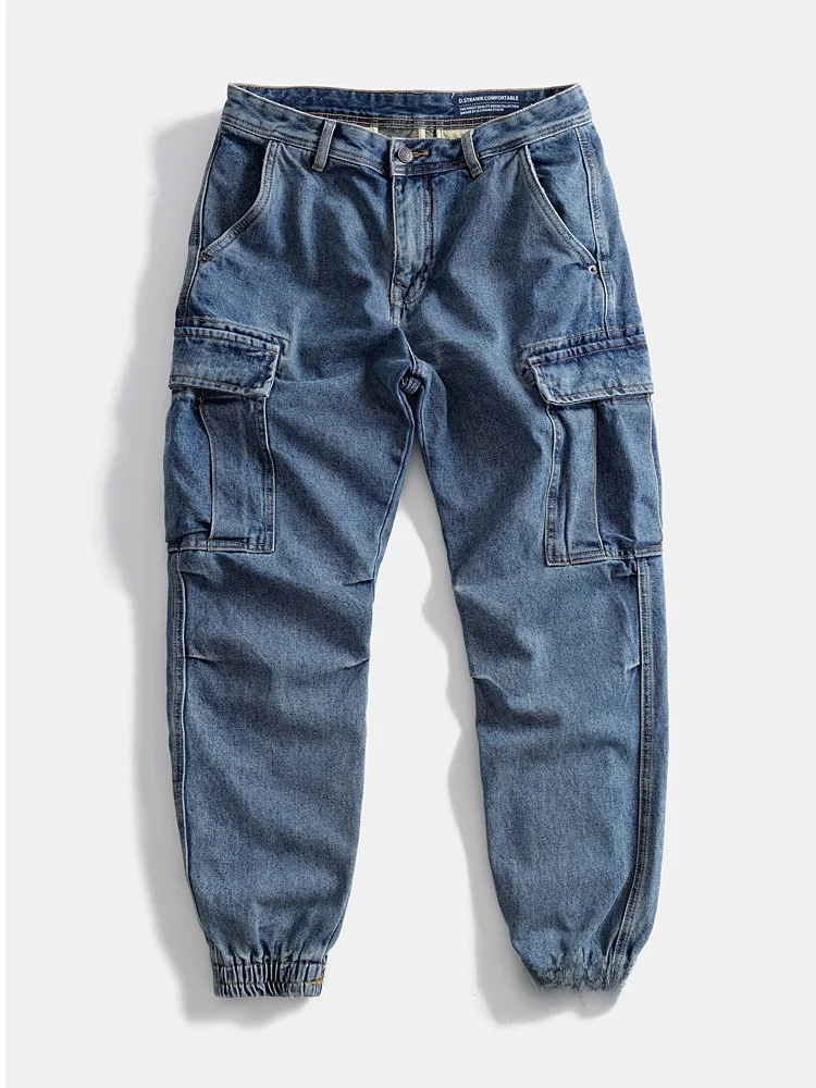 

Тяжелые осенне-зимние винтажные джинсовые брюки с манжетами из чистого хлопка, мужские свободные длинные брюки с несколькими карманами для рабочей одежды Ameri...