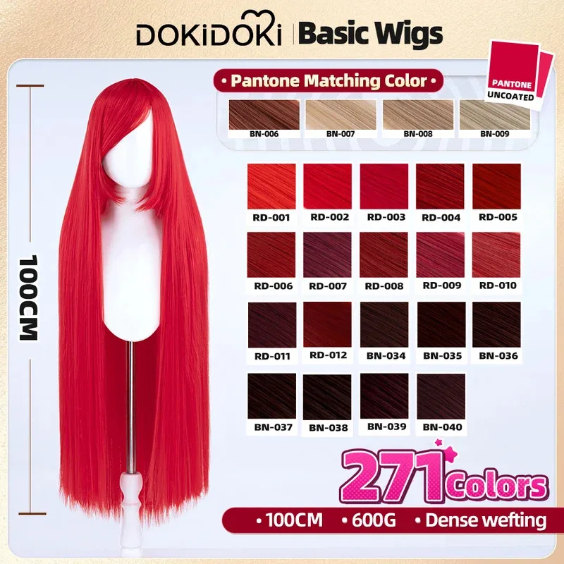 qq28LQ100cm الأساسية تأثيري DokiDoki النساء أصفر أحمر أرجواني أزرق بني أخضر وردي طويل الشعر عالية مقاومة للحرارة شعر مستعار هالوين