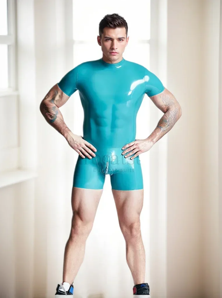 

customized latex catsuits men eurocat suits latex leotard rubber fetish customised clubwear cosplay Male Short-leg Surfsuit