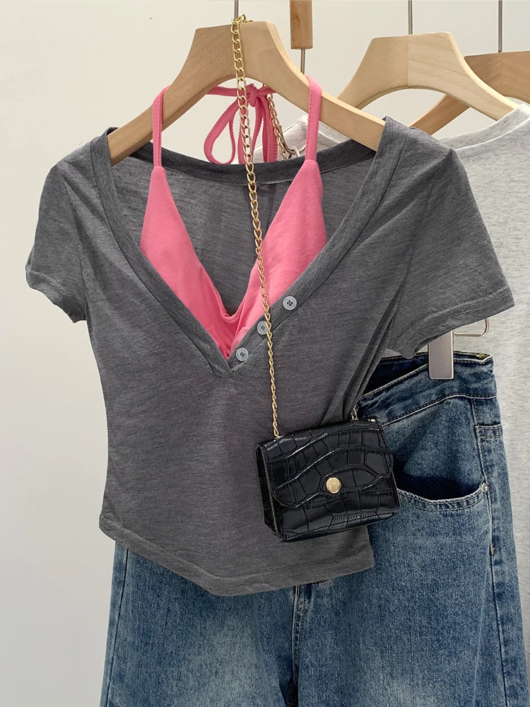 Stunning Women's Vest Top with Chest Pad Hanging Neck Sun Protection Cover Shirt T-Shirt Two-Piece Set Summer Short Shirt