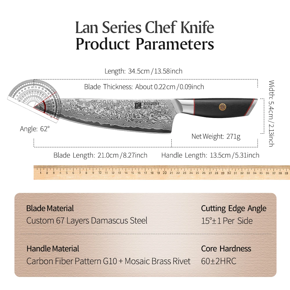 XINZUO Chef Knife 67 Layer Damascus Steel Kitchen Knife High Hardness 60+2HRC Chopping Slicing for Meat Fish Vegetable Daily Use view 6