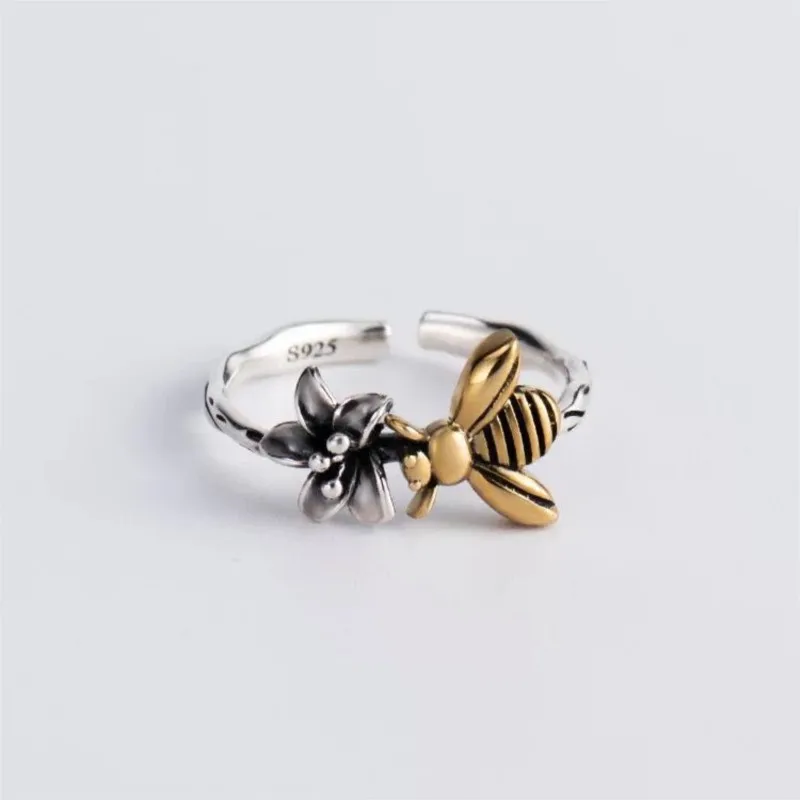 New Retro Bee And Flower 925 Sterling Silver Jewelry Simple 