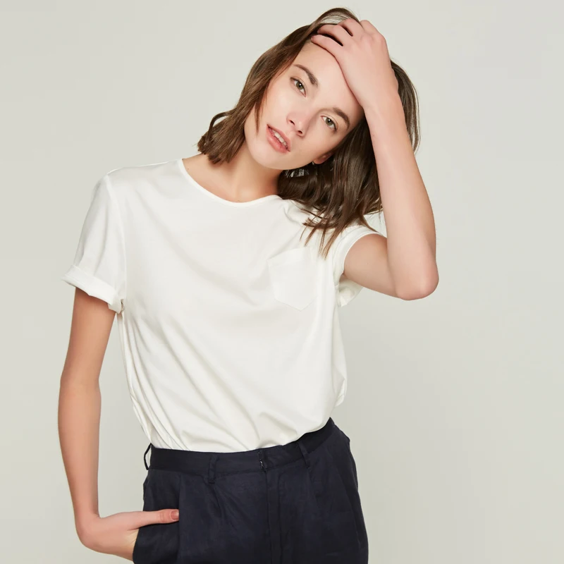 

RJC Chic Long Pile Lustrous Cotton T-irt Women Summer White High Quali round Ne Loose ort Sve Versatile Casual Top