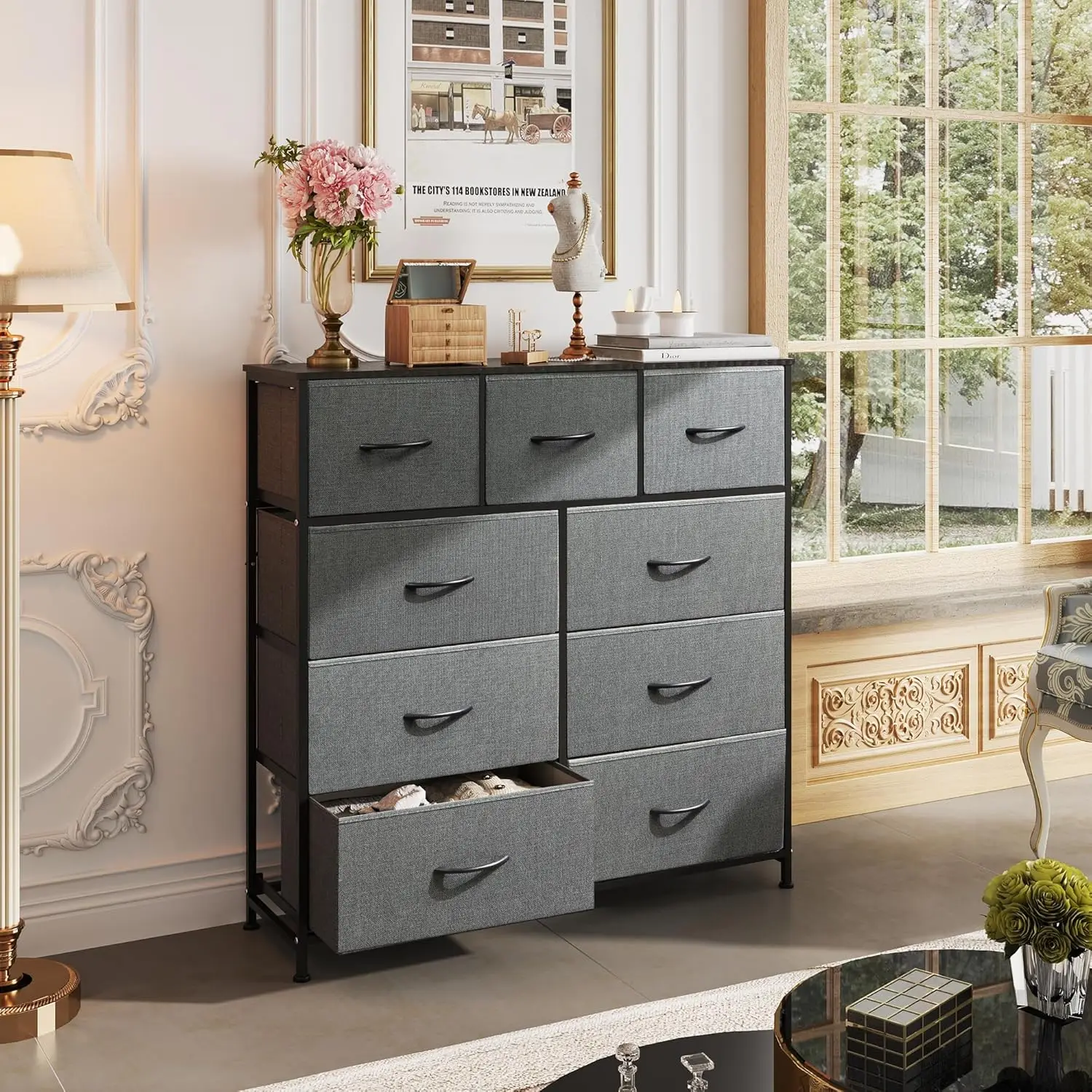 Storage Tower for Bedroom, Hallway, Entryway, Closet, Tall Chest Organizer Unit with Fabric Bins, Steel Frame