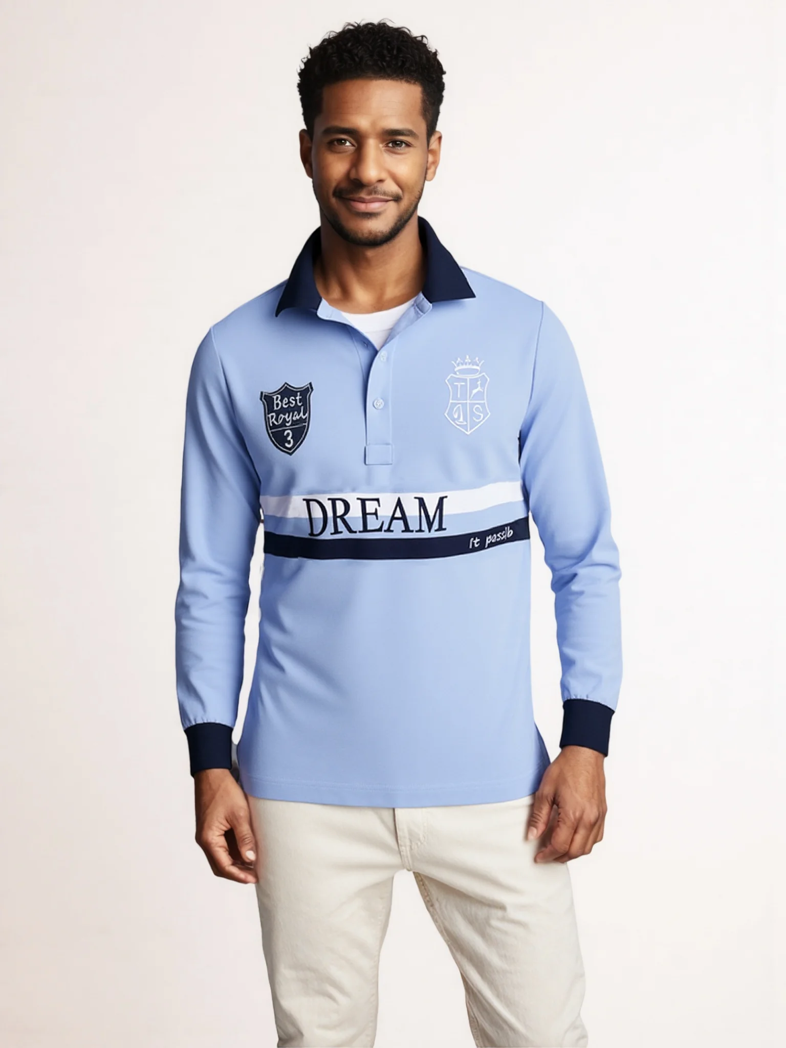 New Men's Long Polo Shirts Full-Sleeved Collar Tee Shirt Dream Embroidery Casual Sports Tshirt US
