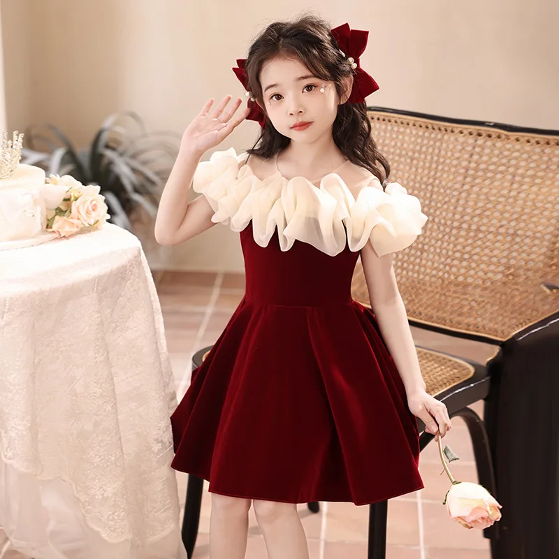 ' Red High-End Evening Dress for Flower Girls, Conductors, Princess Dresses, Children's Hosts, Piano Performance Costumes