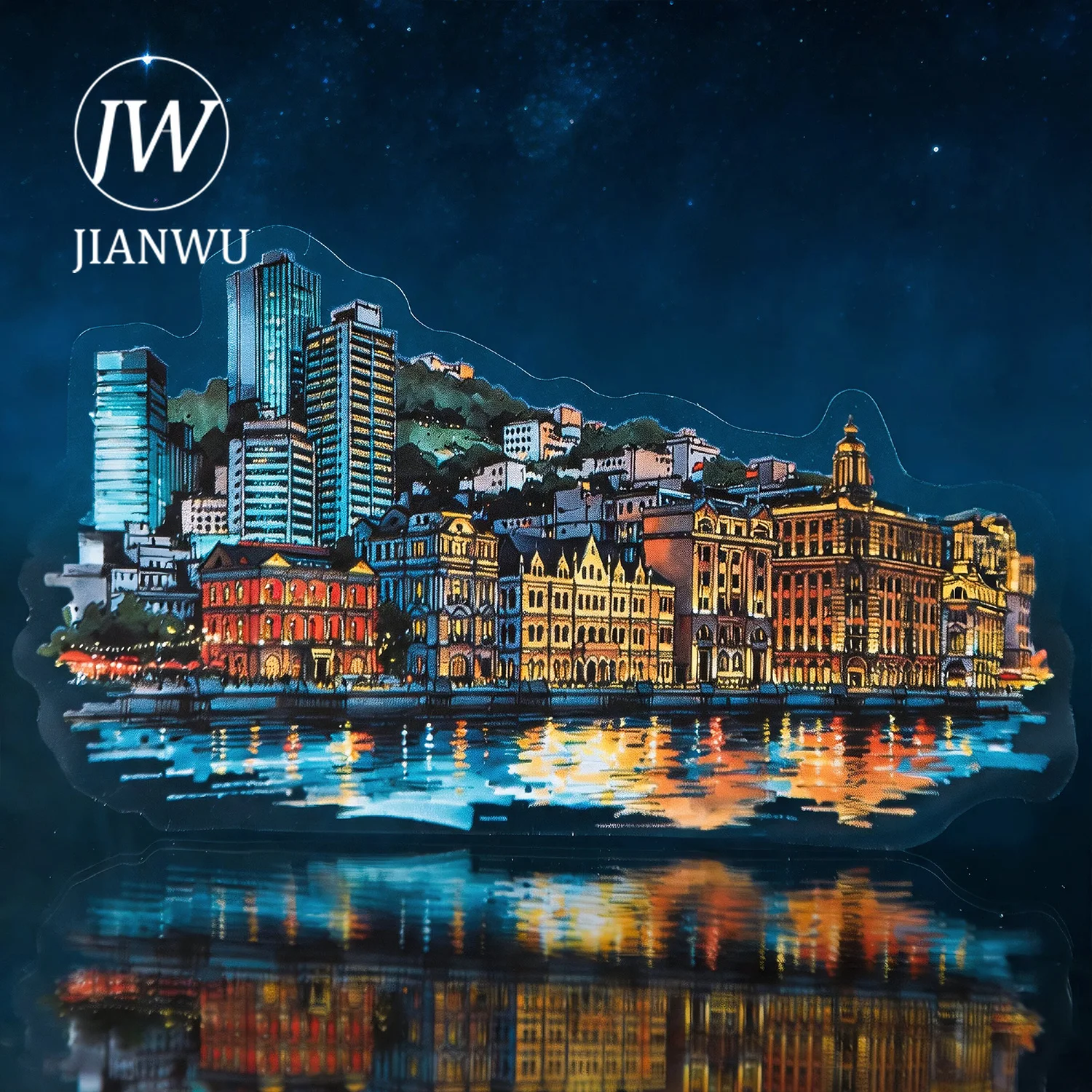 JIANWU Vintage City Night Light Landscape Material Collage Scrapbooking PET Sticker Creative DIY Journal Stationery