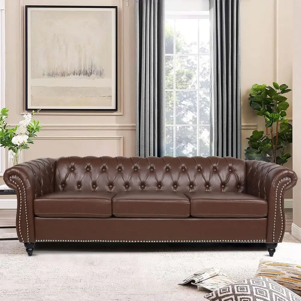 

Classic Tufted Leather 3-Seater Sofa for Living Room in Cognac Brown