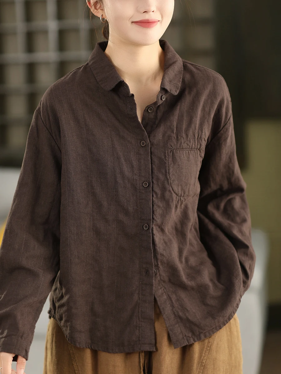 

Ретро-рубашка из 100% льна с двойным слоем, женская, с воротником, длинным рукавом, однотонная, дышащая, свободного кроя, модная