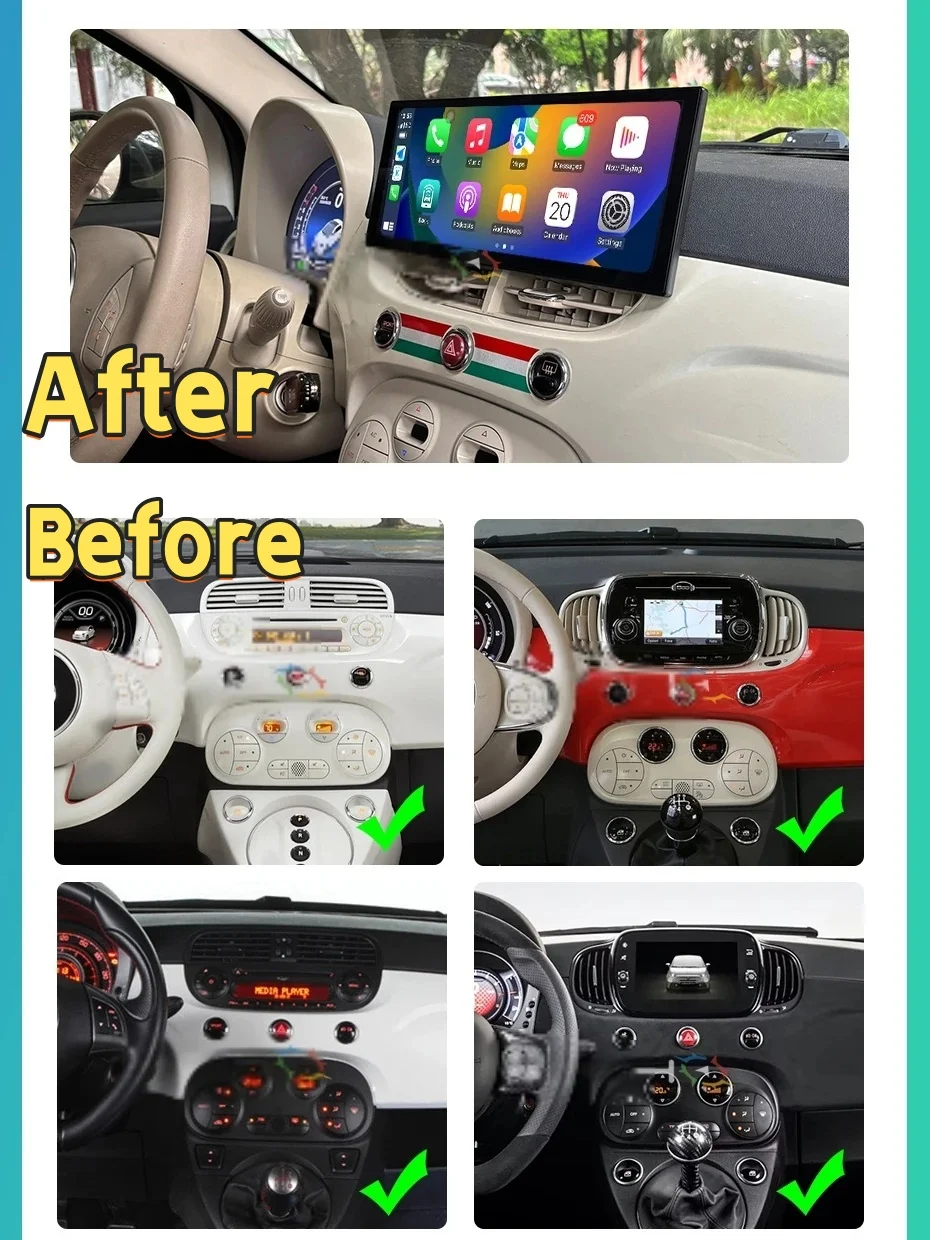 피아트 500 2007-2024용 멀티미디어 플레이어 스테레오 리시버 안드로이드 라디오 디지털 클러스터 무선 카플레이 스테레오 DSP 블루투스 GPS