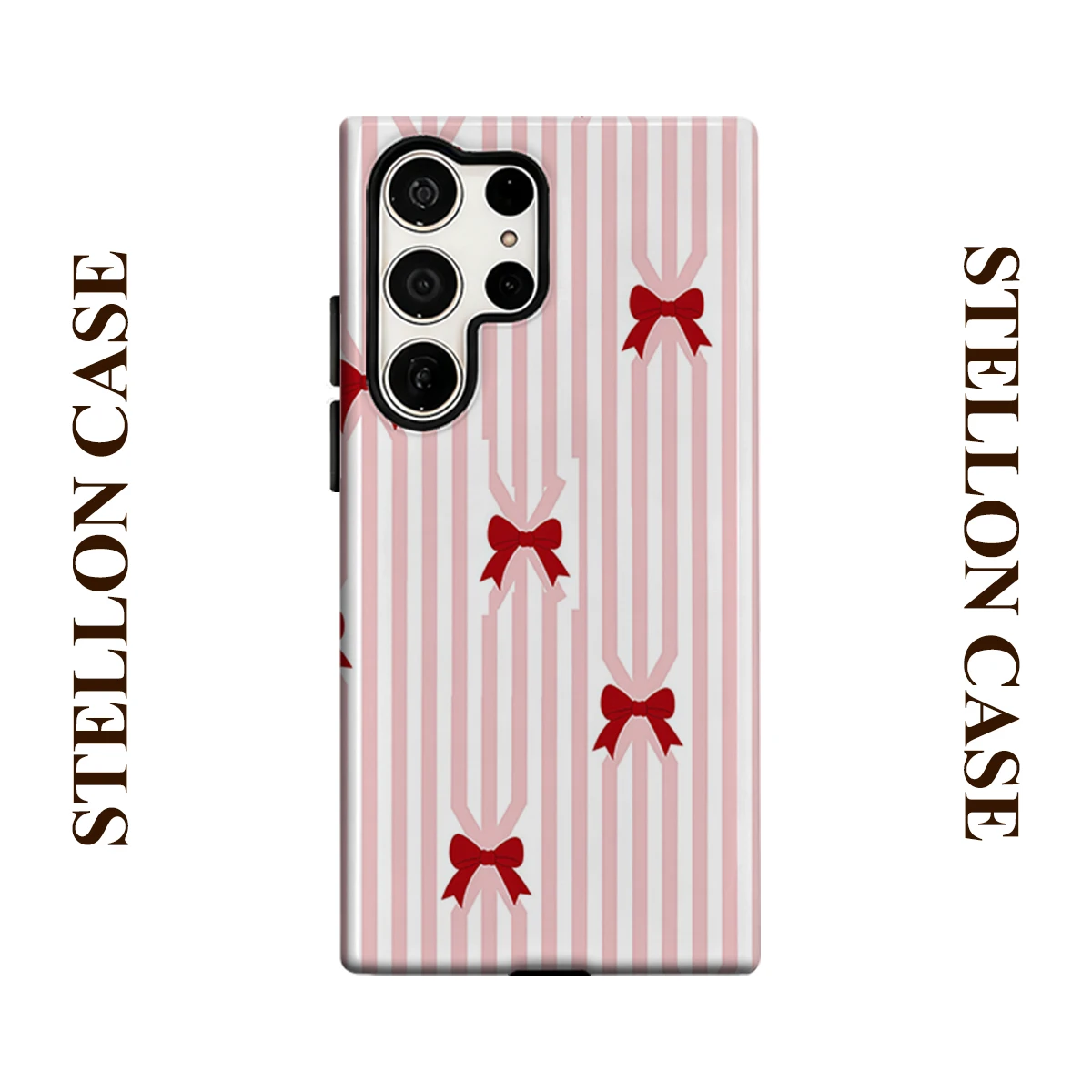 Pink Stripe Bow Phone Case for Samsung Galaxy S25 Ultra S24 S23 Ultra Plus Glossy Double-layer Back Cover