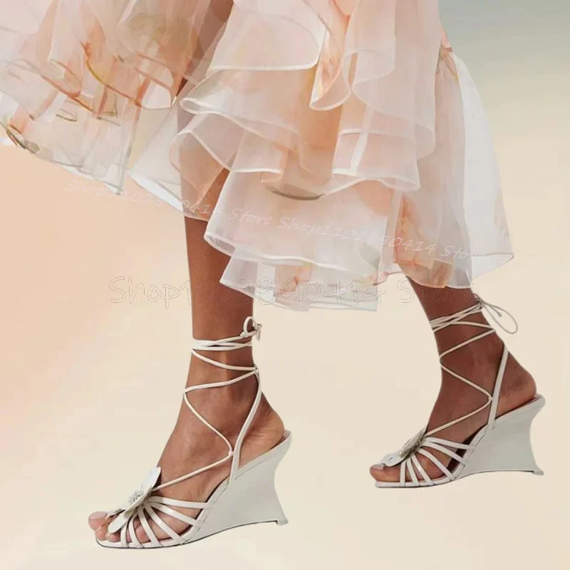 

White Flower Design Strange Style Heels Twine Sandals Lace Up Women Shoes Fashion Party Feast Banquet 2025 Zapatos Para Mujere