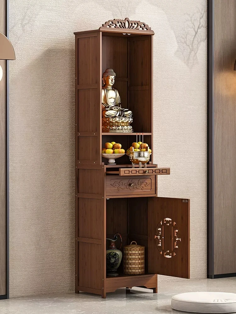 A new Chinese-style shrine cabinet with simple solid wood Buddha table is dedicated to the altar table of the God of Wealth.