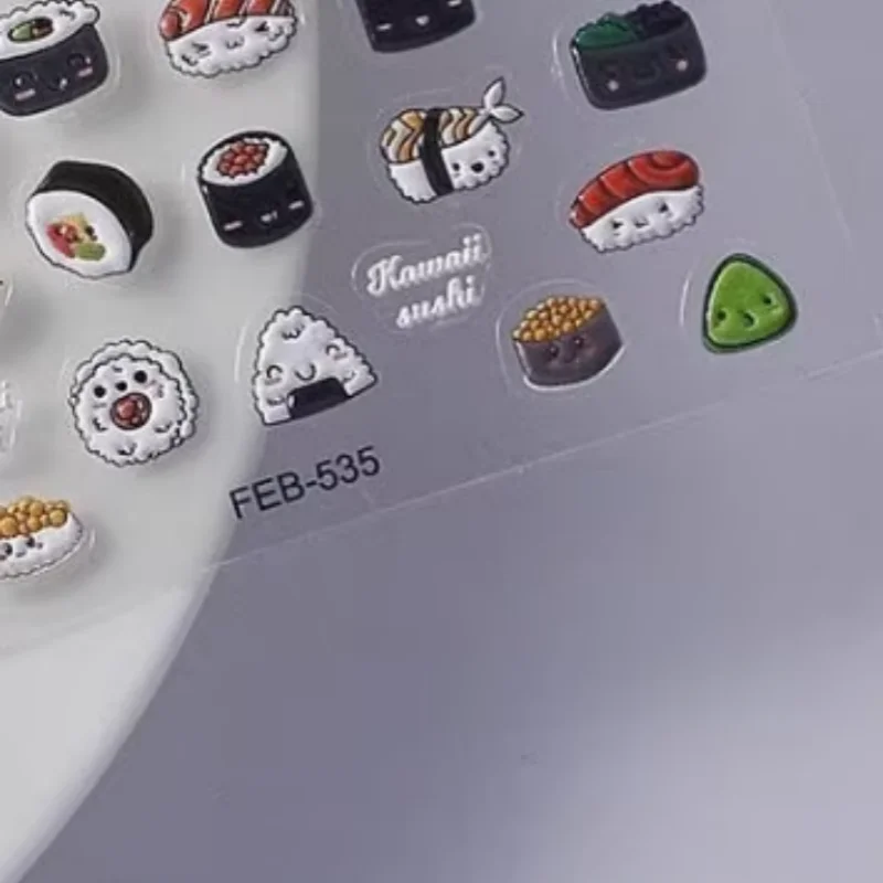 Cute Sushi Nail Stickers Cartoon 3D Stereo Embossed Designs Waterproof Back Glue Nail Decorations DIY Daily Sweet Nail Art Tools