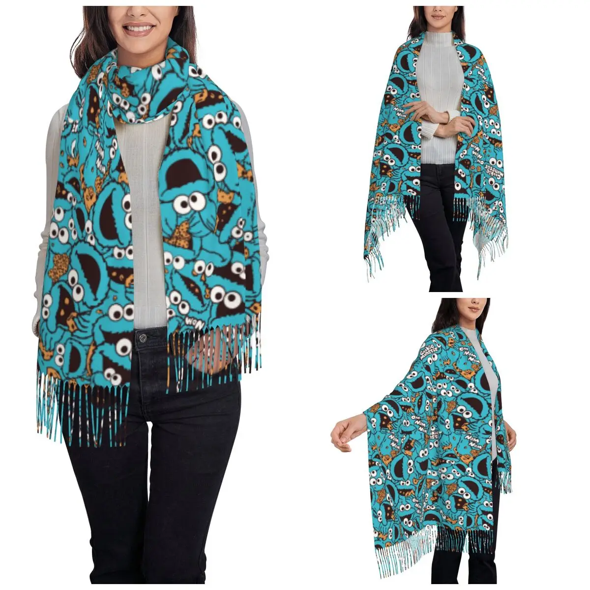 Cookie Monster Nom Pattern Scarf for Womens Winter Fall Pashmina Shawls and Wrap Long Shawl Scarf Ladies