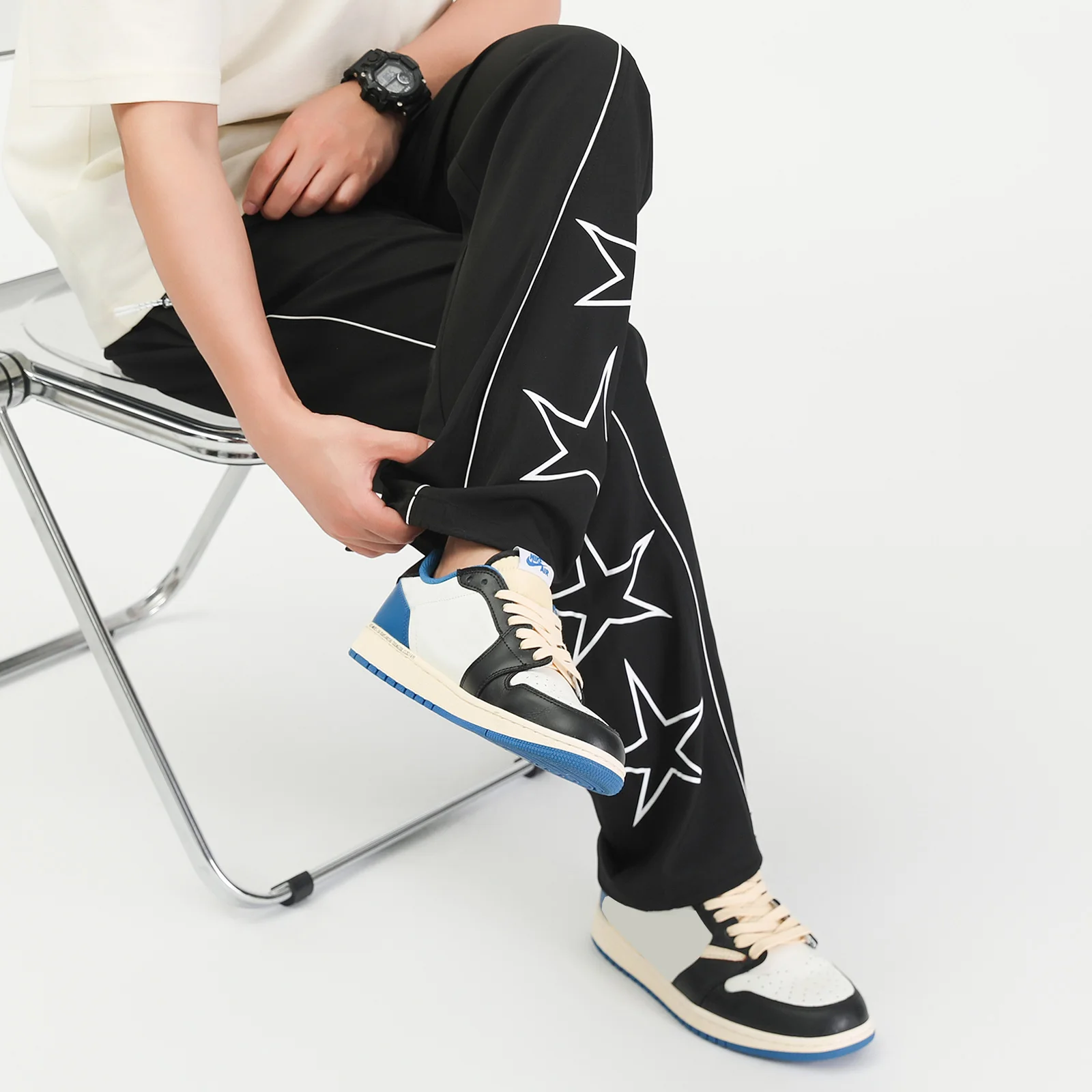 

Autumn Fashion Jogger Pans Men Loose Streetwear Star Print Sweatpants Elastic Waist Wide Leg Trousers Men's Casual Joggers Pants