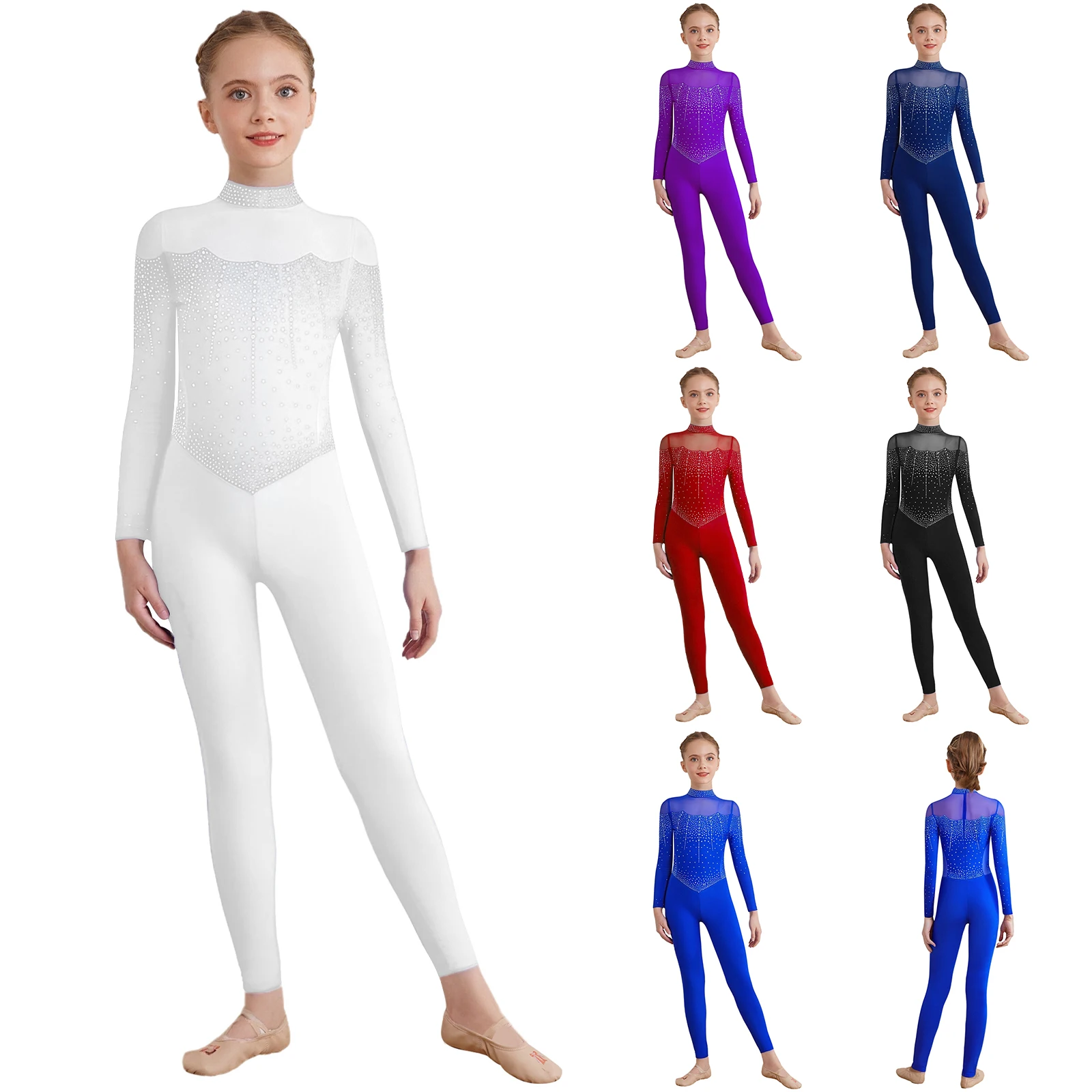 6-16Y الفتيات الشكل التزلج الرقص بذلة طويلة الأكمام لامعة الراين بقماش شفاف يوتار الباليه الجمباز البهلوانية ارتداءها #3