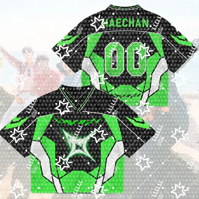 Women K-Pop Cropped Football Jersey Black Neon Green White Geometric Print Number 96 V-Neck Short Sleeve Crop Top Streetwear